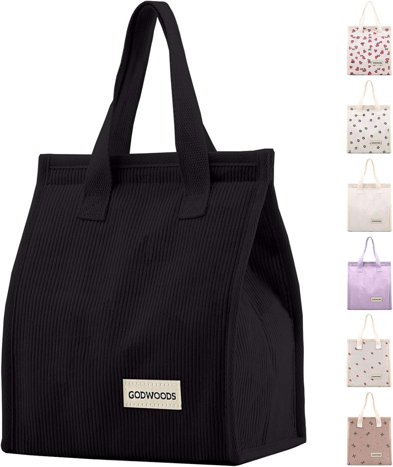 TELLUMO Corduroy Insulated Lunch Bag, 7.75L Large Capacity Reusable Lunch Box, Cute Lunch Tote for Women Men, Leakproof Lunch Cooler for Work Picnic Travel (Corduroy Black)