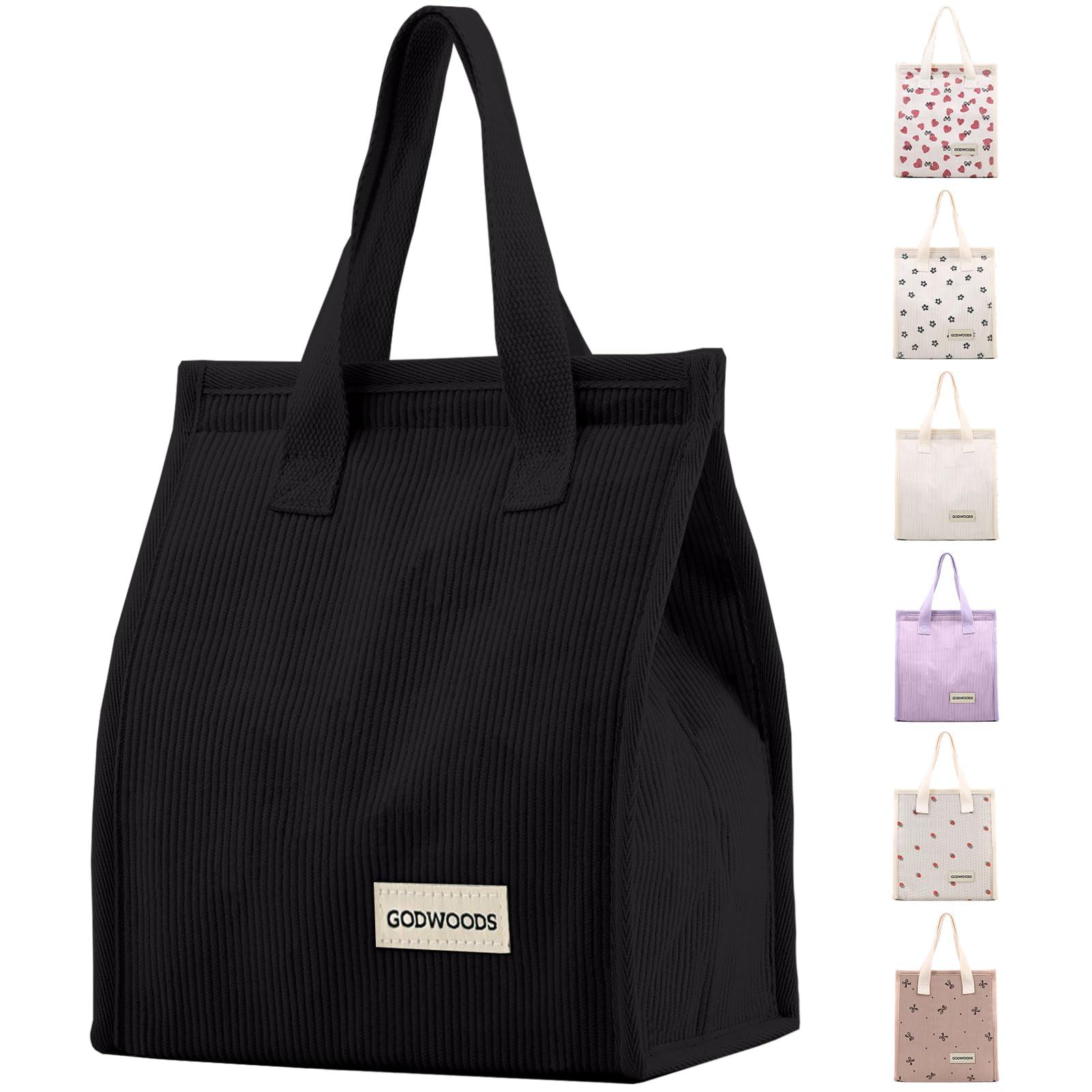 TELLUMO Corduroy Insulated Lunch Bag, 7.75L Large Capacity Reusable Lunch Box, Cute Lunch Tote for Women Men, Leakproof Lunch Cooler for Work Picnic Travel (Corduroy Black)