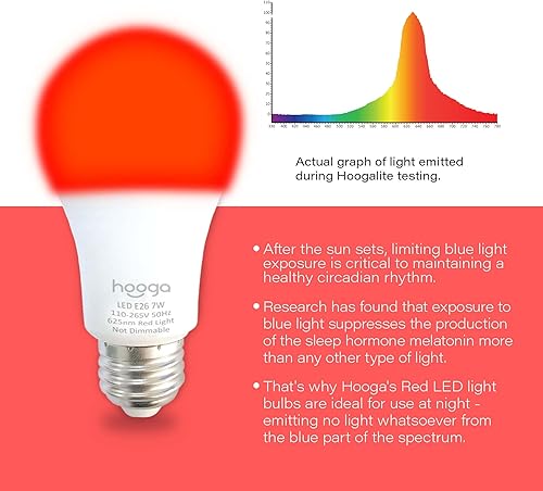 Miniatura 2 de hooga Bombilla para dormir, luz de noche roja con bloqueo de luz azul. Bombilla roja de 625 nm para un sueño saludable. Luz de guardería de bebé.