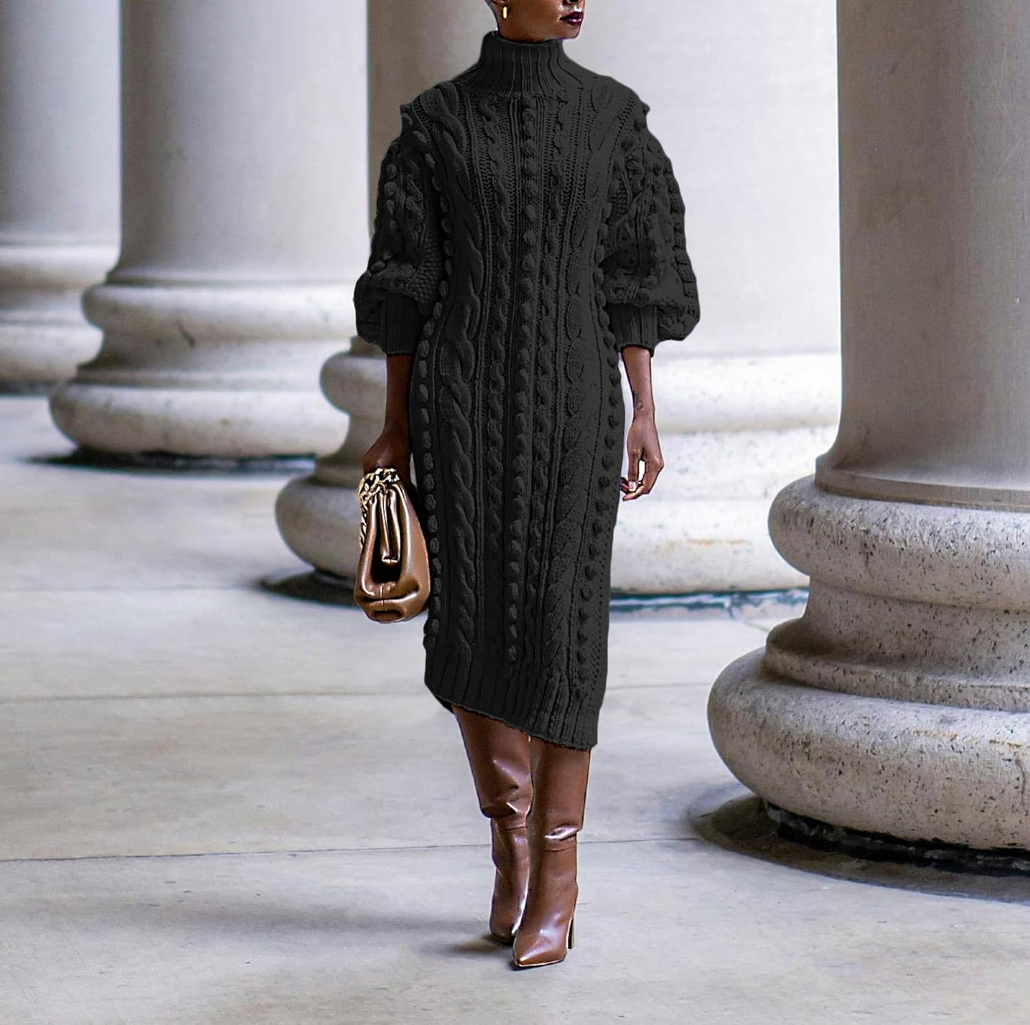 Women Puff Long Sleeve Turtleneck Maxi Sweater Dress Casual Popcorn Cable Knit Side Slit Pullover Dresses - Image 3