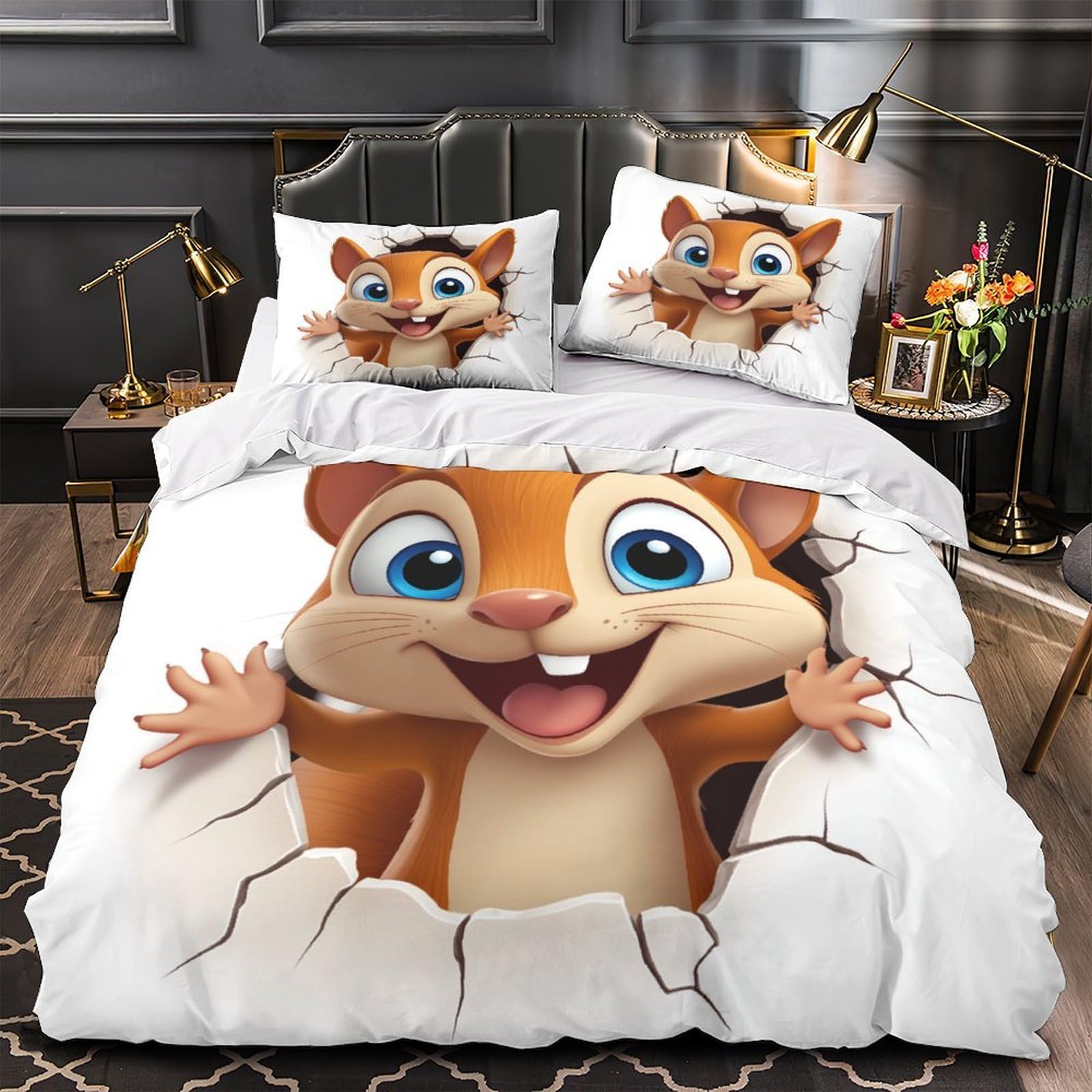 Housse de couette écureuil 3D drap microfibre anti-décoloration