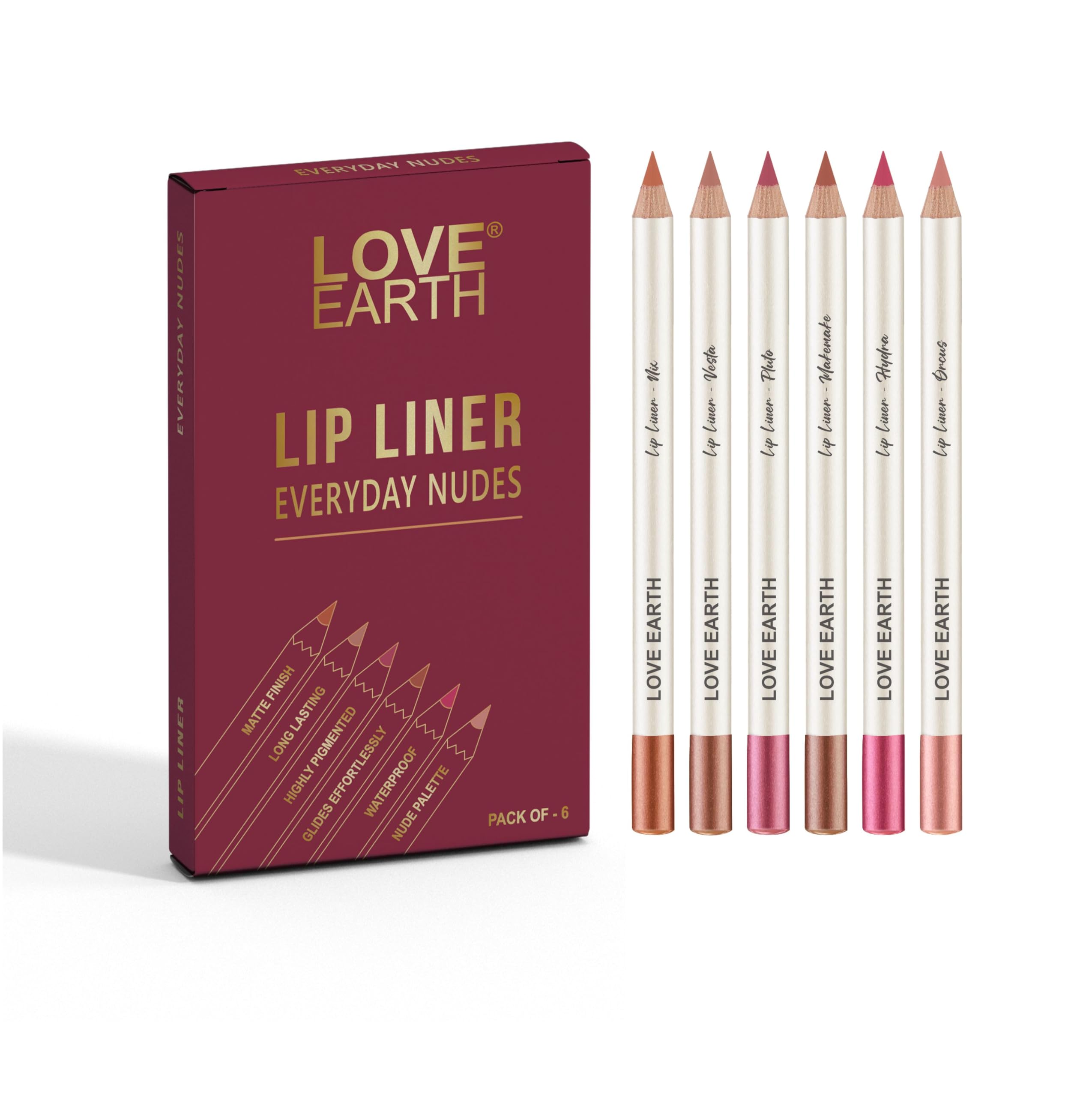 Love Earth Lip Liner – Everyday Nudes | Pack of 6 Matte, Waterproof, Smudge-Proof Lip Liners | 24H Long-Lasting Wear - (1.5G X 6) 9G-image-20