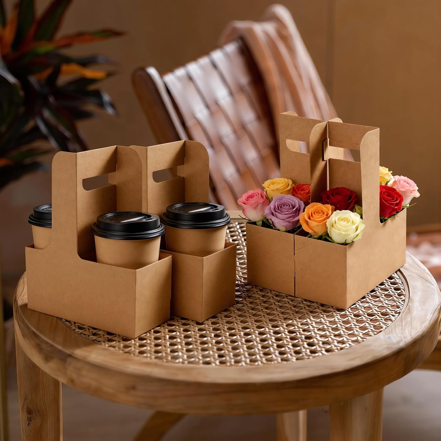 100 Pcs 2 Cup Drink Carrier Disposable with Handle, Foldable Kraft Cardboard Cup Holders, Cardboard Drink Carrier for Hot Cold Drinks Food Delivery Coffee Carrier