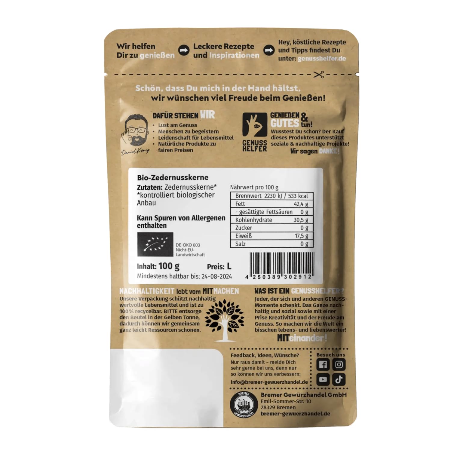 Bremer Gewürzhandel Zedernusskerne BIO, Zedernüsse, Alternative zu Pinienkernen, 100g