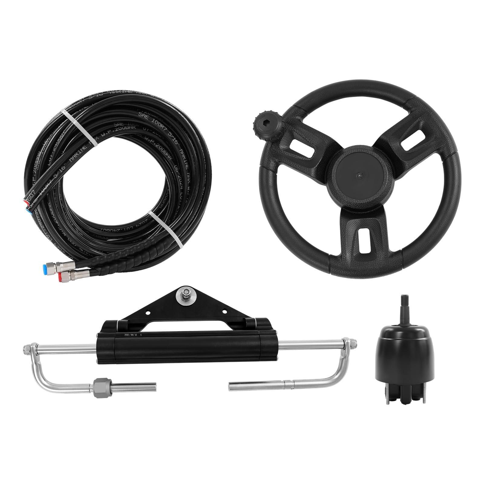 Kit de dirección fueraborda hidráulico de 150 CV con bomba de control y manguera de dirección hidráulica de 8 m, sistema de dirección marina para barcos de pesca, yates (con volante)