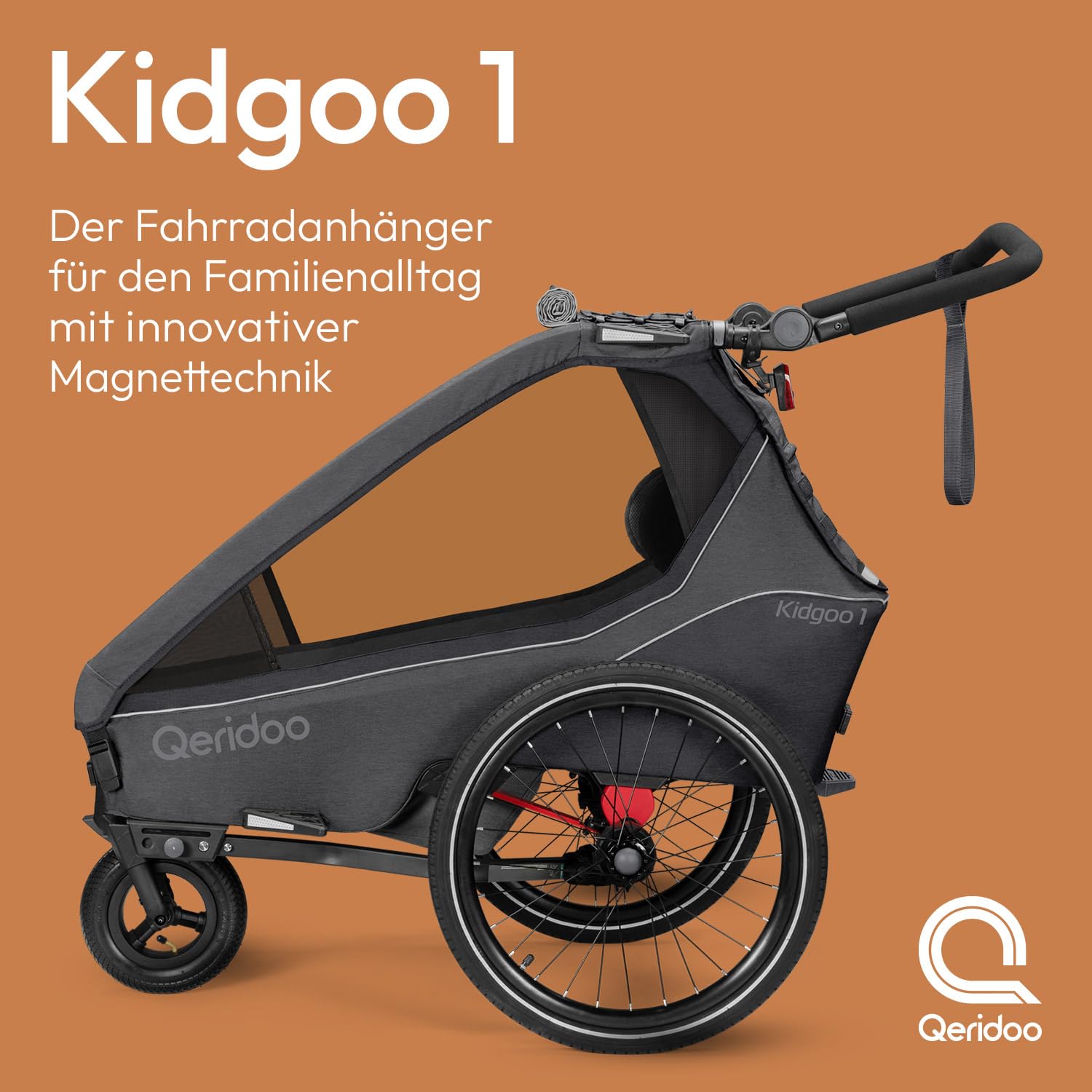 Qeridoo Kidgoo 1 Steel Grey Fahrradanhänger 1 Kind mit Federung & Easy ARS klappbar Kinderbuggy 38L