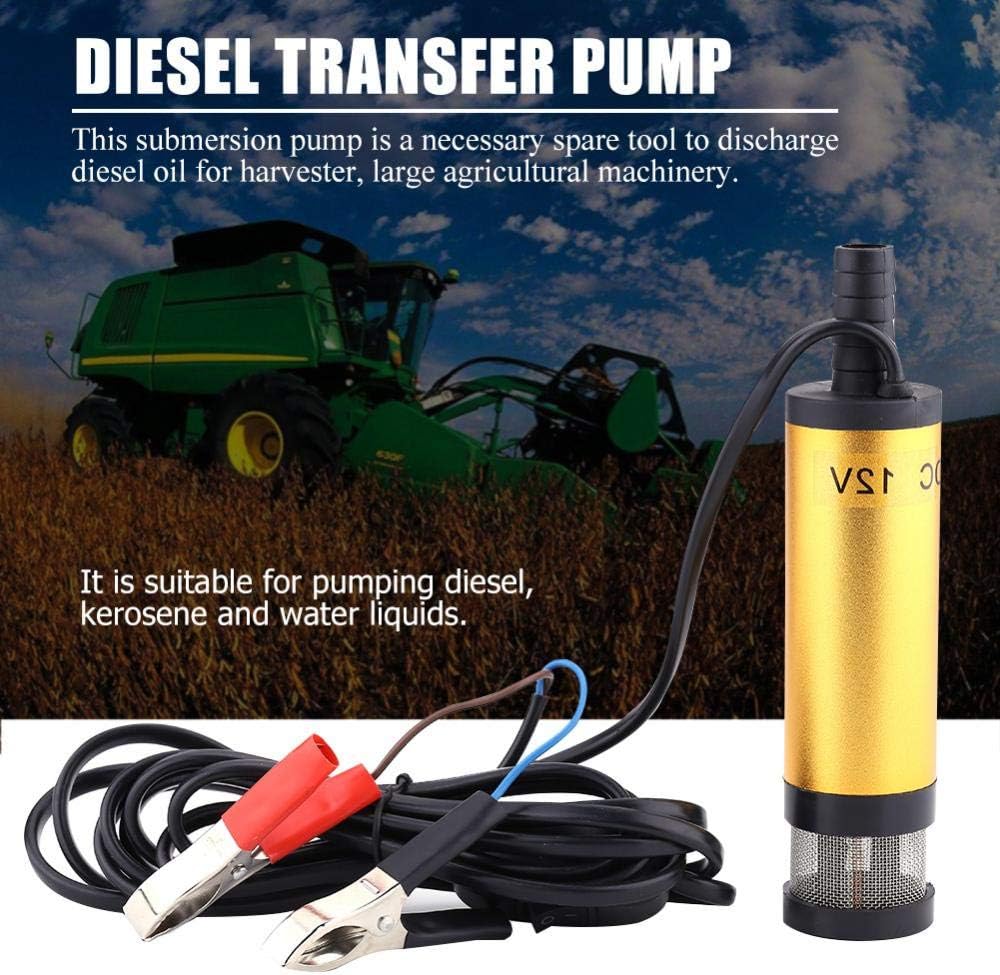 Transfer Pump, DC 12V 3.8cm 12L/min Stainless Steel Electric Submersible Pump Discharge Water Kerosene Refueling Tool 8500r/m for, Kerosene, Water (Golden)