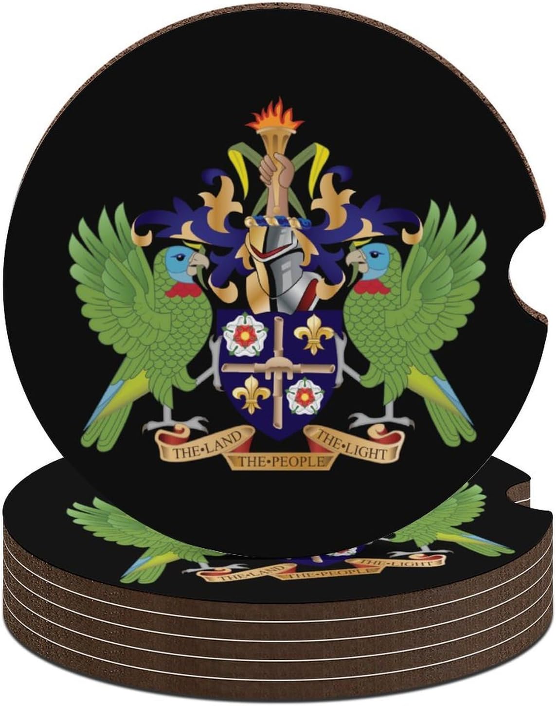 Coat of Arms of Saint Lucia Car Cup Holder Coaster with Cork Base 2.6 Inches Anti Slip