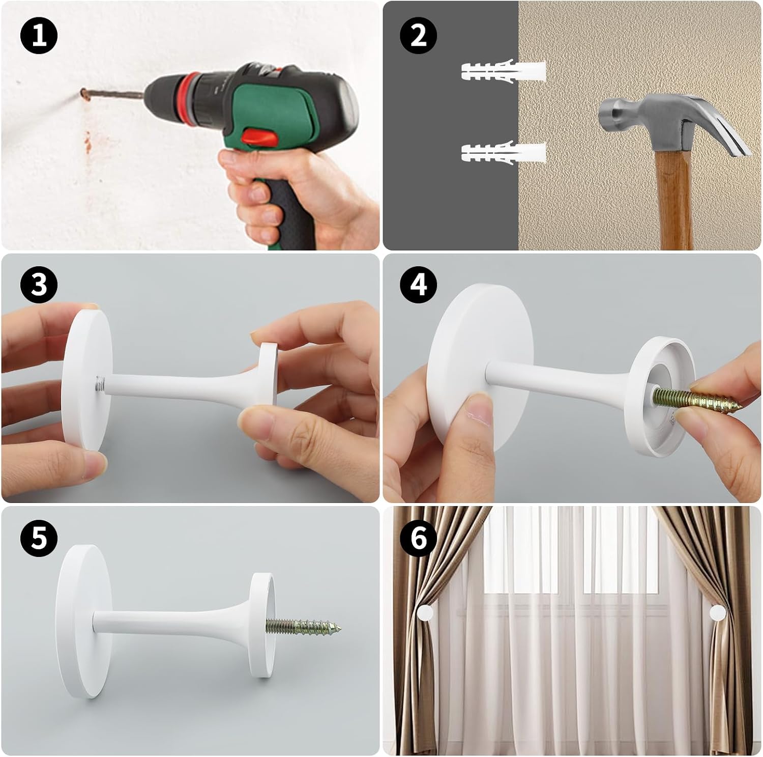 2 Pack White Curtain Tiebacks,Wall Mounted Zinc Alloy Holdbacks with Screws, Decorative Metal Hooks,Curtain Holders for Drapes and Window Treatments in Home or Office