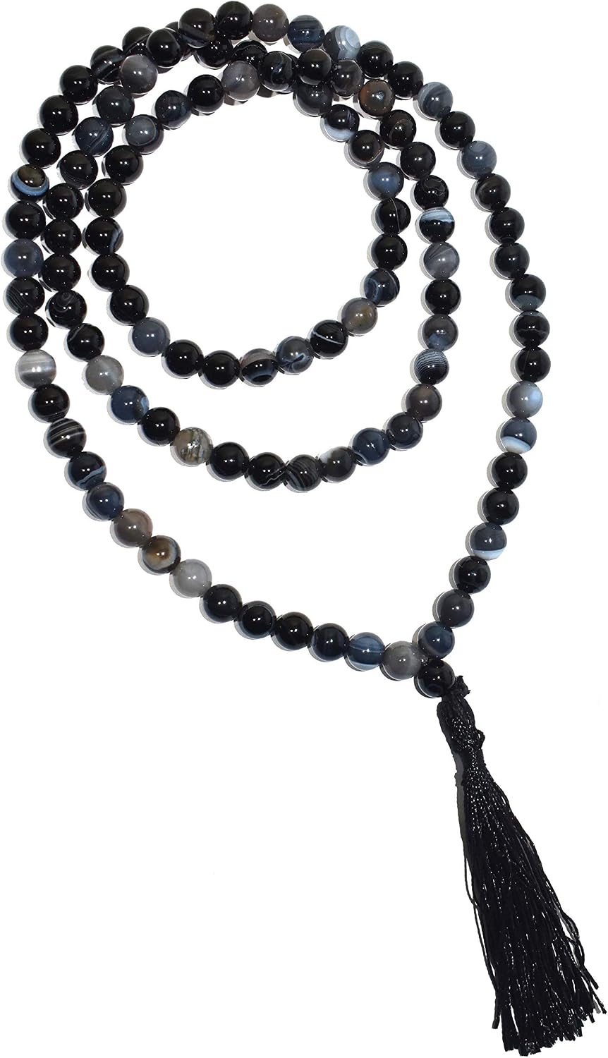 Mala- Black Sulemani hakik aqeeq 34 inch String 108 Beads Size - 8 mm Mala Healing Crystal Natural Reiki Chakra Stone