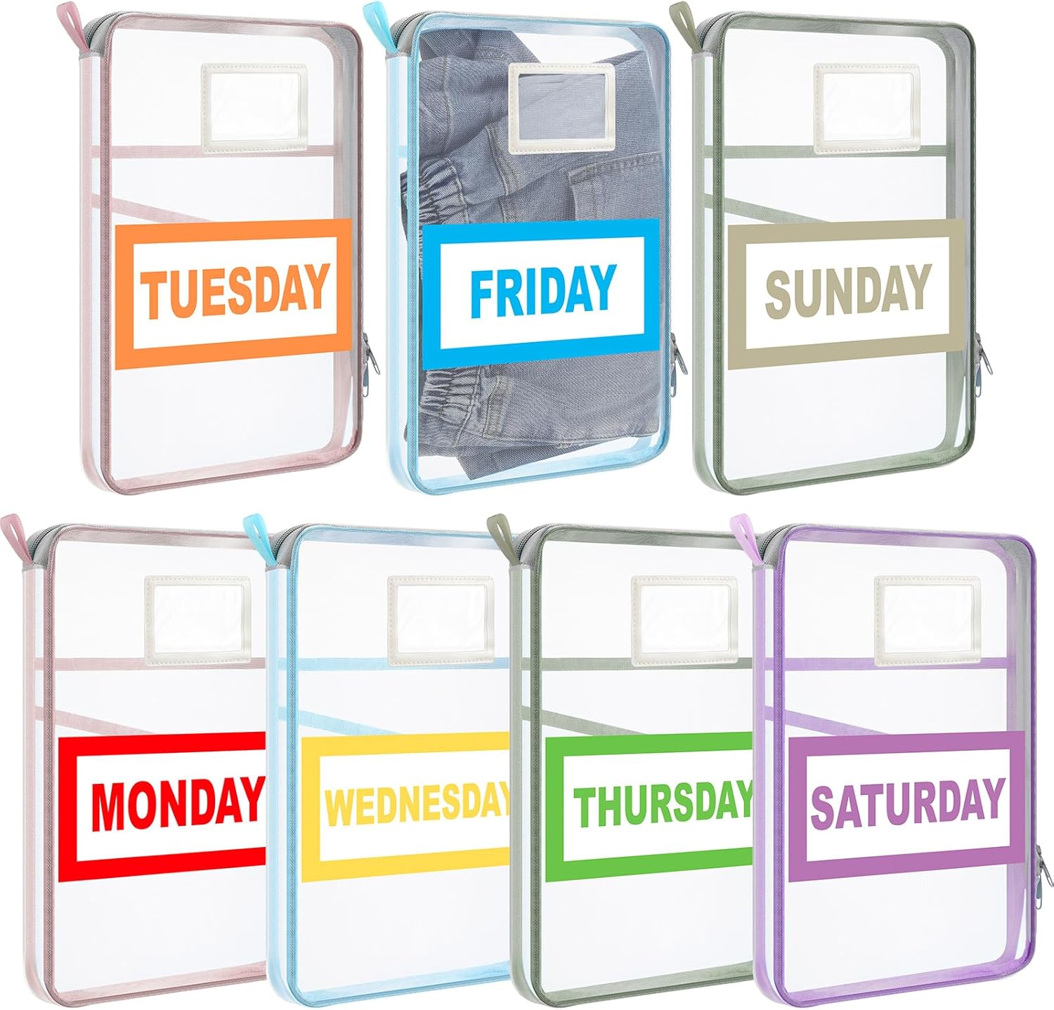 Honoson 7 Pack Packing Cubes for Travel Days of Week Packing Cubes with Labels Clear Zippered Storage Bag for Travel Summer Camp Essentials