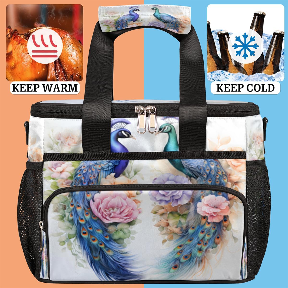 Animal Insulated Picnic Backpack Lunch Box for Women Men Picnic Basket Tote Lunch Bag Picnic Bag Portable Lunch Bags for Picnic, Beach, Work, Trip,Office, Camp Peacock Rose