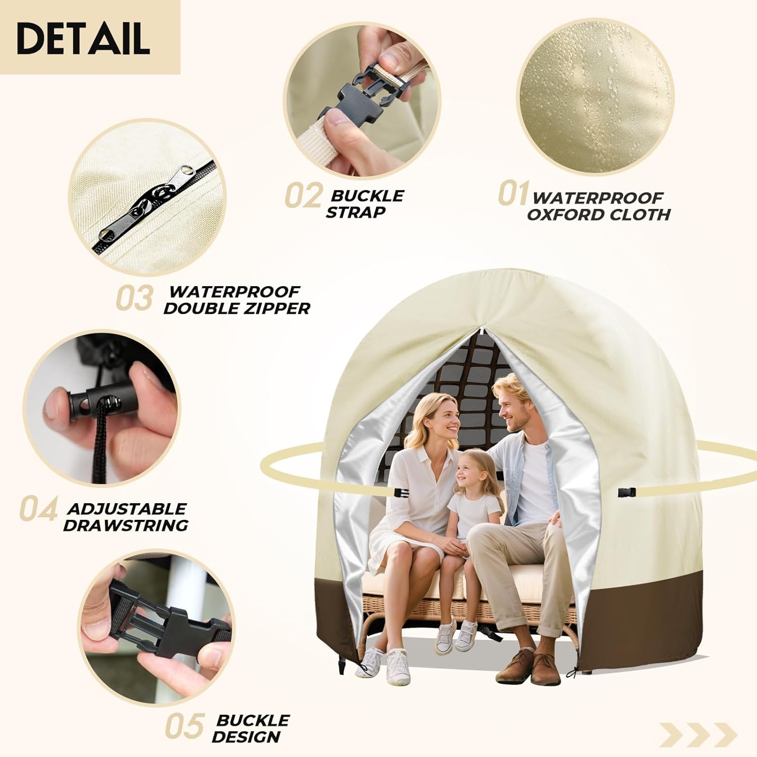 Double Egg Chair Cover Waterproof 420D Oxford Hanging Outdoor Furniture Covers for Patio Wicker Egg Swing Cocoon Chair, 91x80 Inches,Beige