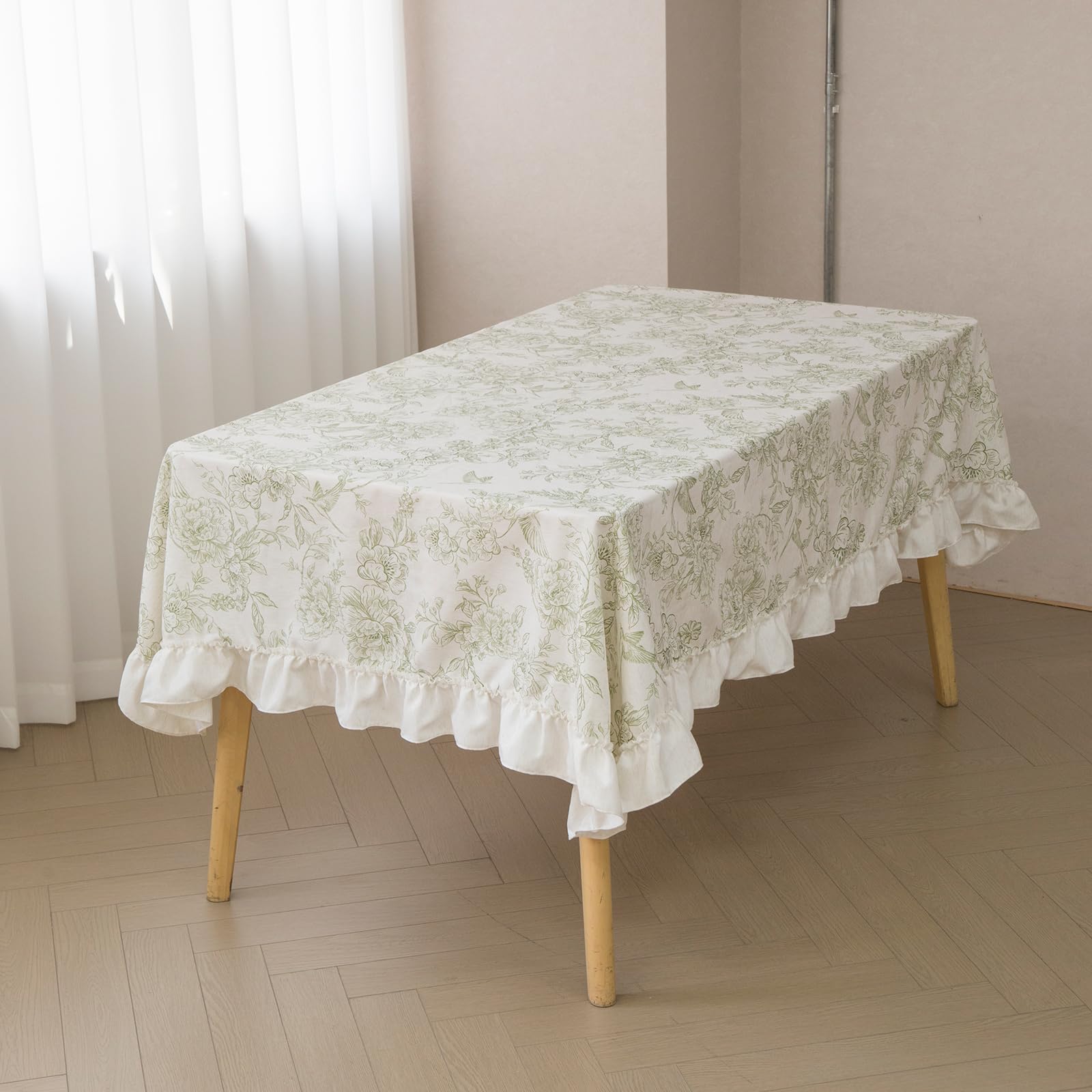 GLORY SEASON Wrinkle-Resistant Floral Pastoral Vintage Ruffle Tablecloth for Rectangular Oval and Round Tables Rustic Linen Style Table Cloth for Dining Kitchen Farmhouse Decor Gifts 60x84 Inch Green
