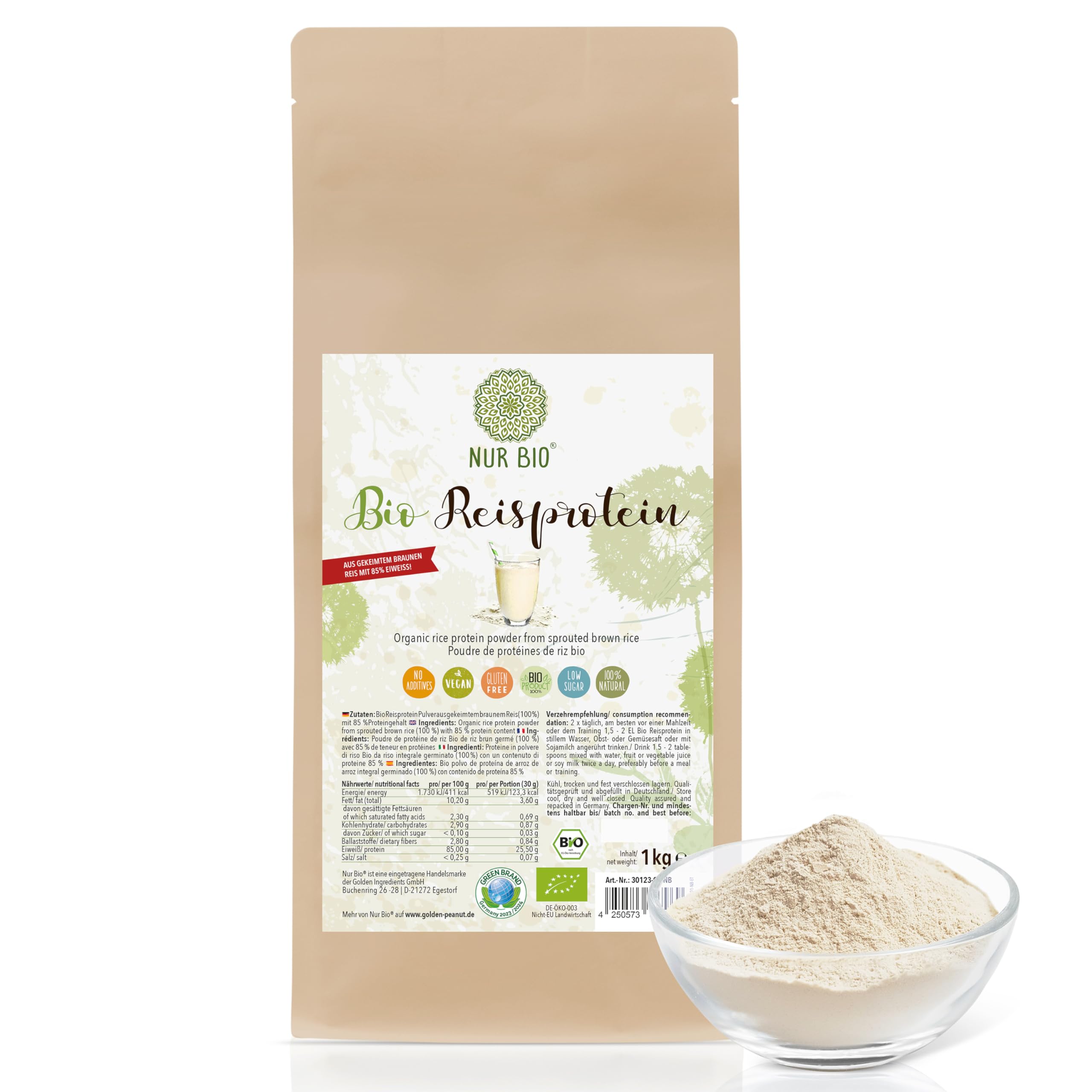 Reisprotein 1 kg 85% Eiweiß pflanzliches Protein pur aus braunem gekeimten Reis vegan
