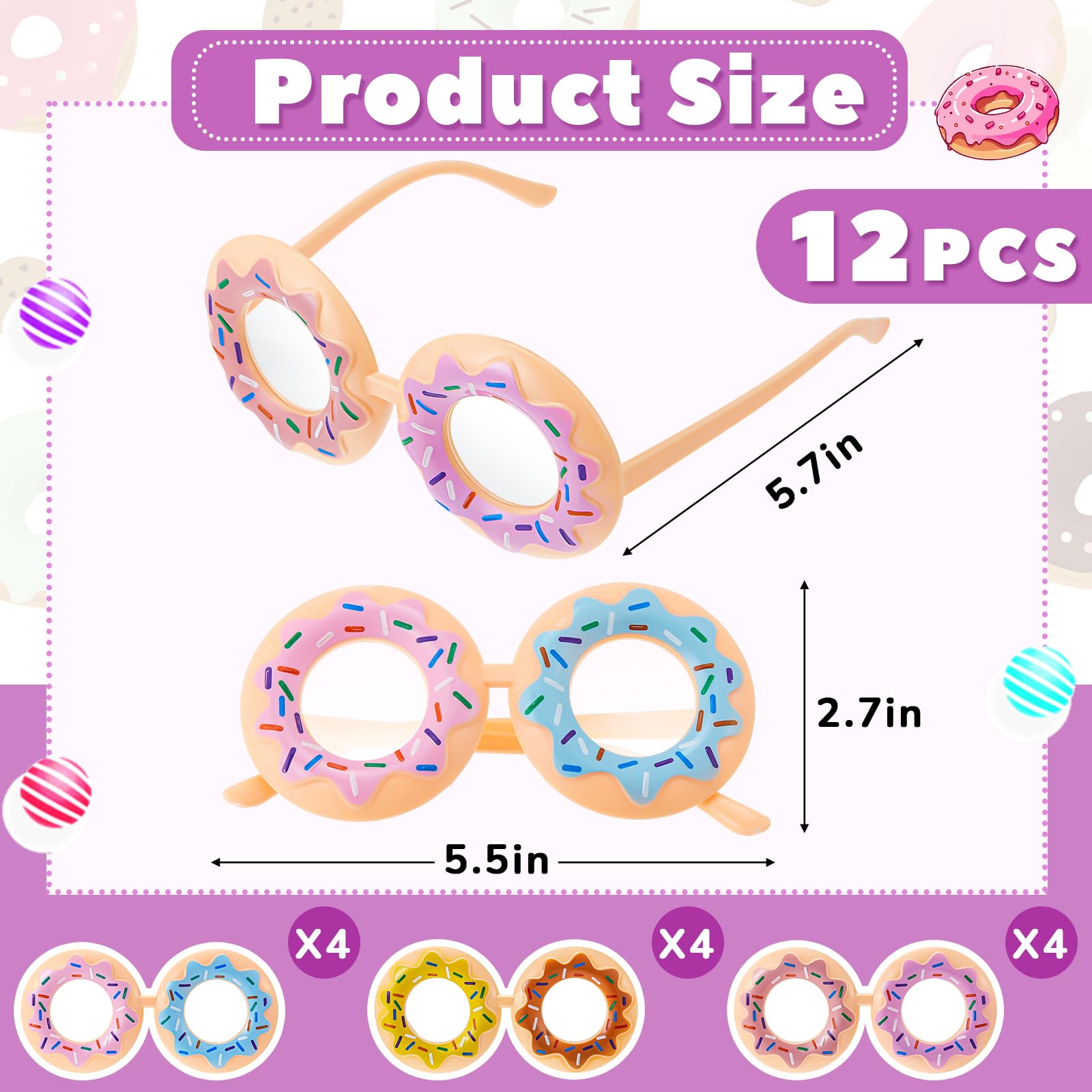 Copkim Donut Sunglasses for Kids Funny Donut Novelty Glasses for Party Decor Photo Booth Props Christmas party Gifts(12 Pairs)