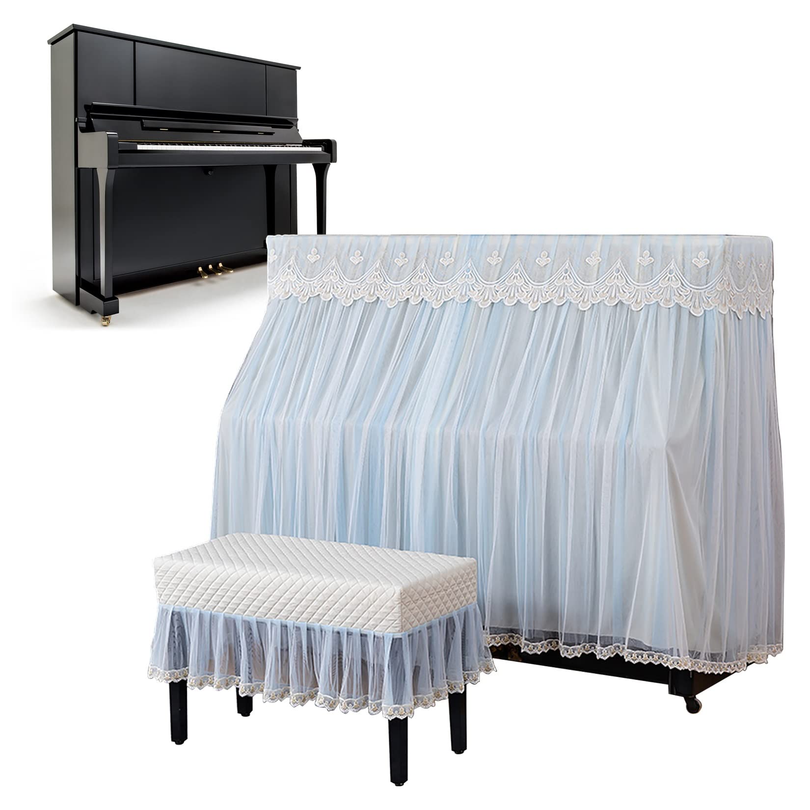 ESOYAWE Copertura di Pianoforte Verticale Coperchio di Protezione per Pianoforti Pianoforte Accessori, Tessuti di Alta qualità Pizzo Ricamo Plissettate Decorazione Copertura Pianoforte