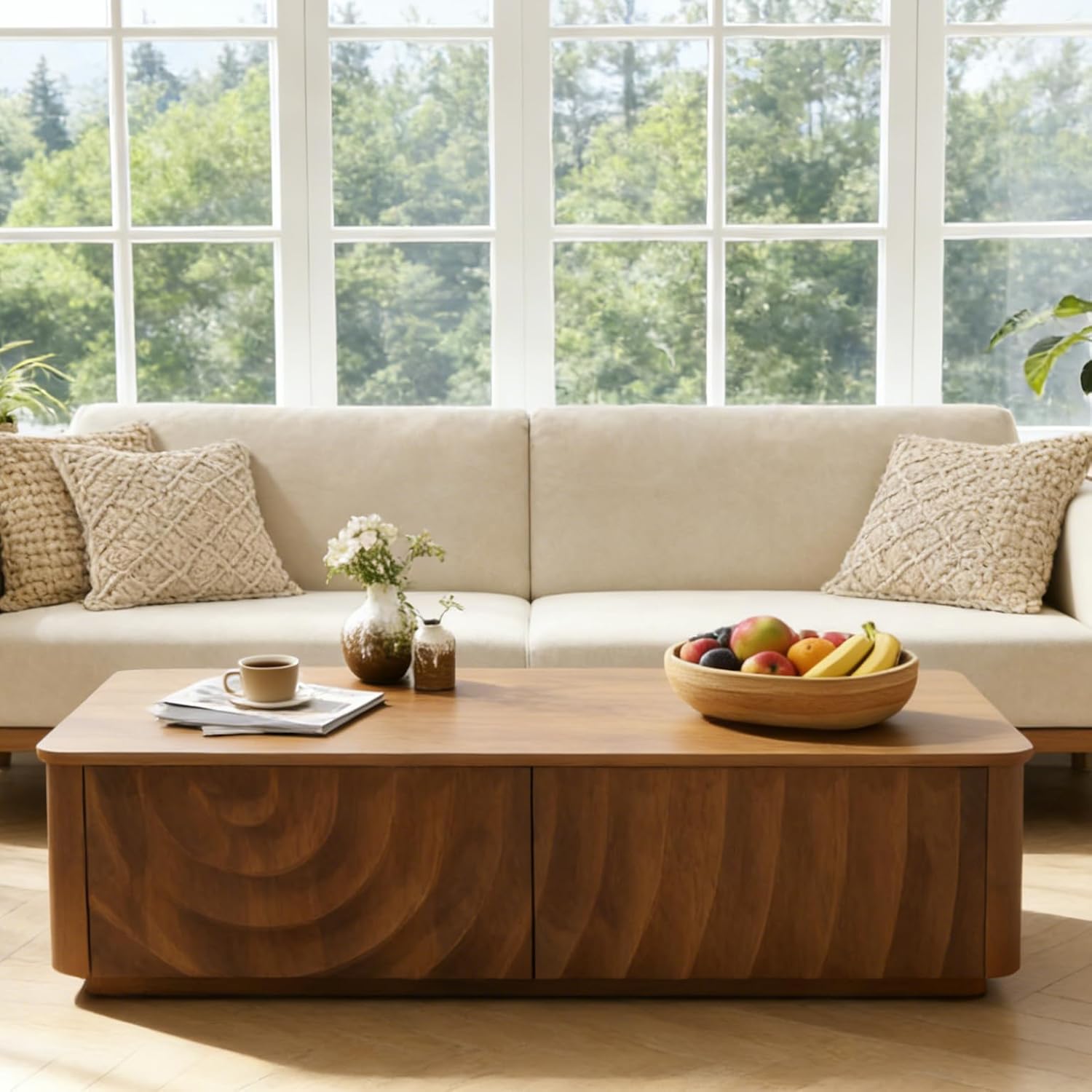 Wooden Coffee Table, 47.2" Rectangle Mid Century Modern Water Ripple Texture Center Table with 2 Drawers, Cocktail Tea Table with Safe Curved Corners for Living Room Home Office, Walnut