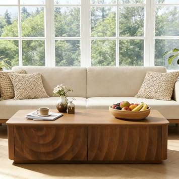 47.2" Wooden Coffee Table, Rectangle Mid Century Modern Water Ripple Texture Center Table with 2 Drawers, Cocktail Tea Table with Safe Curved Corners for Living Room Home Office, Walnut