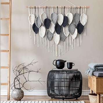 RXRENXIA Large Macrame Wall Hanging Boho Woven Tapestry Leaves Bohemian Wall Decor Chic Home Decor Modern Bohemian Wall Art Handmade Macrame Decor for Living Room Bedroom Apartment Dorm,Grey