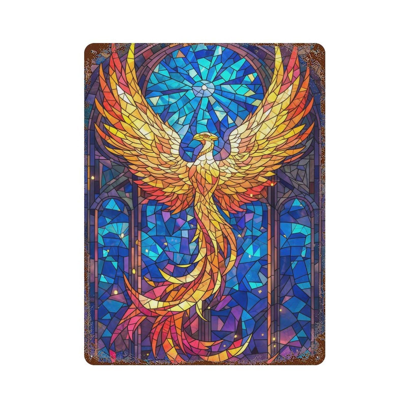 Phoenix Stained Glass Retro Metal Sign 15.7"x11.8", Classic Wall Plaque for Basement, Hobby Room And Garage Decor