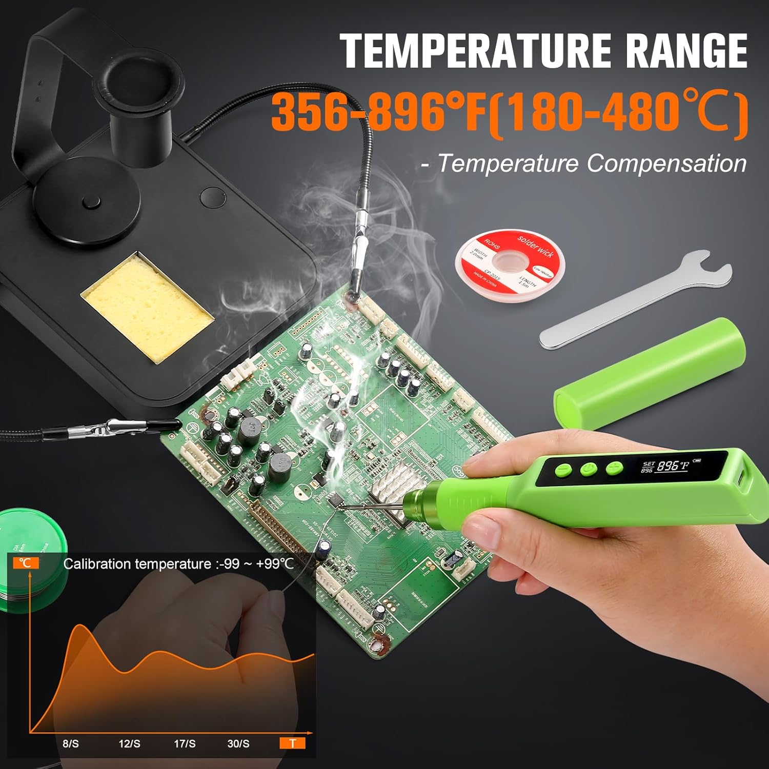 Soldering Iron Kit, Cordless Soldering Gun with 2 Helping Hands, 2s Fast Heating 356-896℉ OLED Solder Kit, Auto Sleep, Includes 360° Swivel Stand, C210 Tips, Wire, Wick, Sponges, Wrench, Green