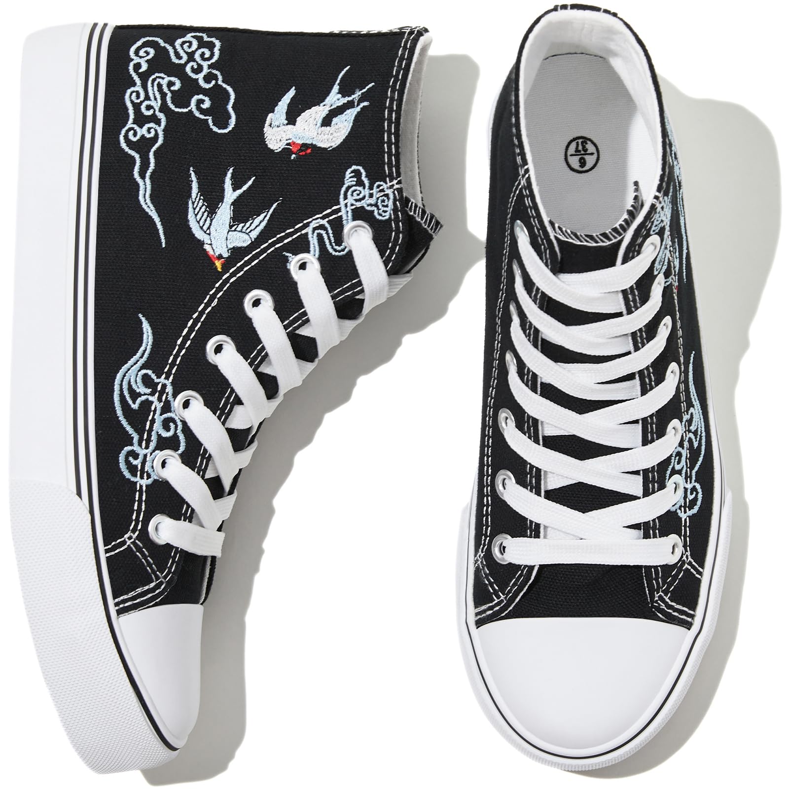 kufeiti Women's High Top Canvas Sneakers Canvas Shoes Lace up White Black Sneakers Casual Walking Shoes