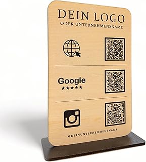 Personalisierter QR-Code Aufsteller aus natürlichem Sperrholz – Individuelle Gravur & Logo – Tischaufsteller für Google-Bewertungen, Gastronomie, Social Media 15x10 cm