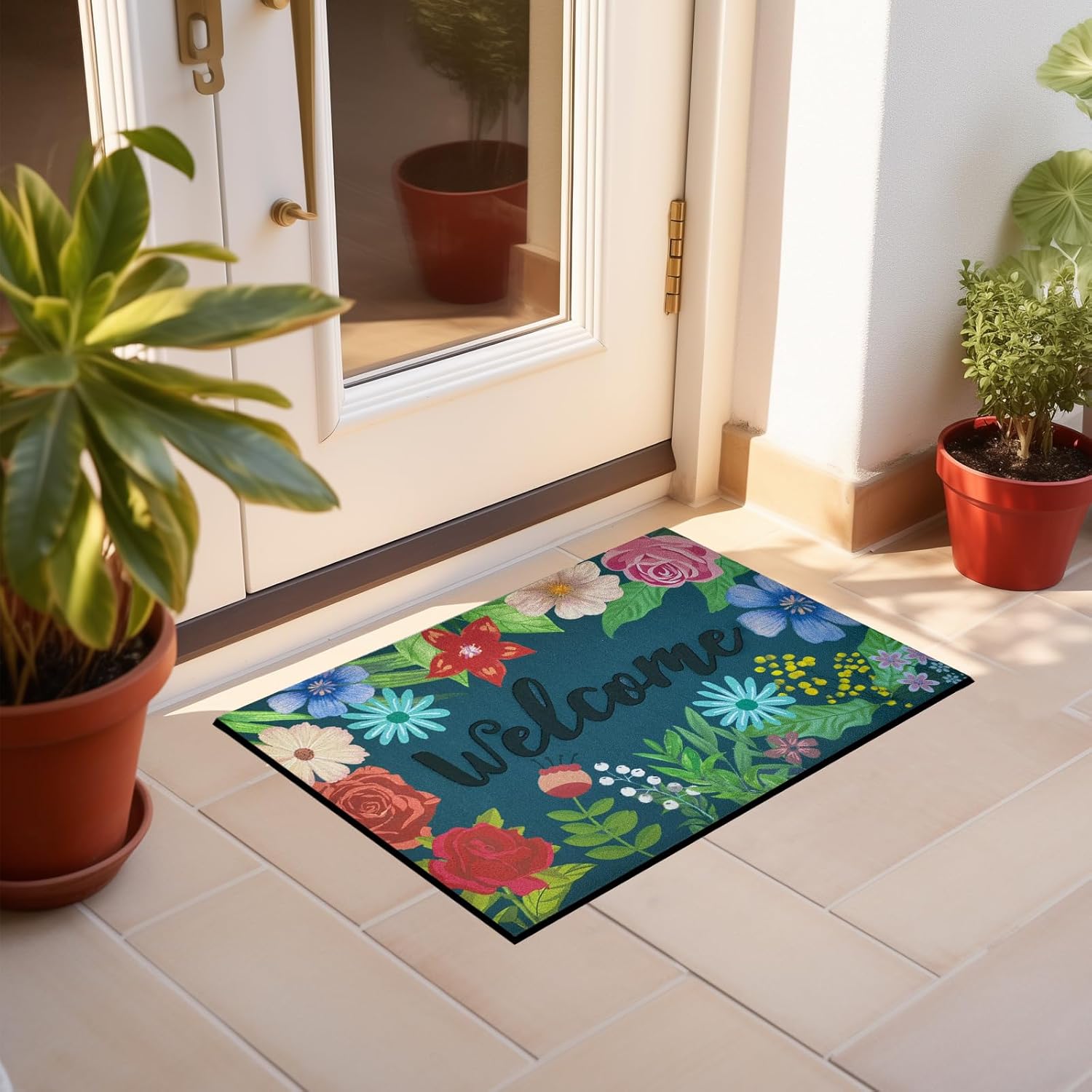 CHICHIC Welcome Door Mat 17x 30 Inch Front Door Mat Outdoors for Home Entrance Outdoors Mat for Outside Entry Way Doormat Entry Rugs, Heavy Duty Non Slip Rubber Back Low Profile, Colorful Flower