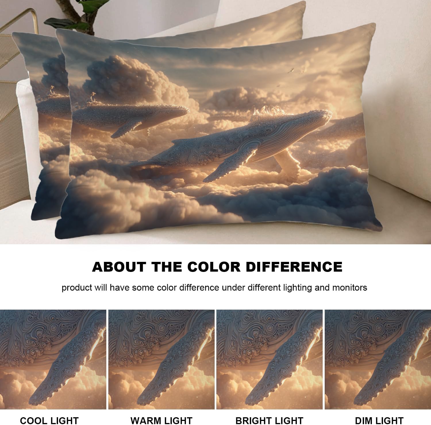 Shrahala Whales Clouds Golden Hour Pillowcases, Whales Swim in Clouds Lumbar Pillow Cover Decorative Blended Double-Sided No Inserts for Bedroom Sofa Living Room Set of 2 (26 x 20 in)