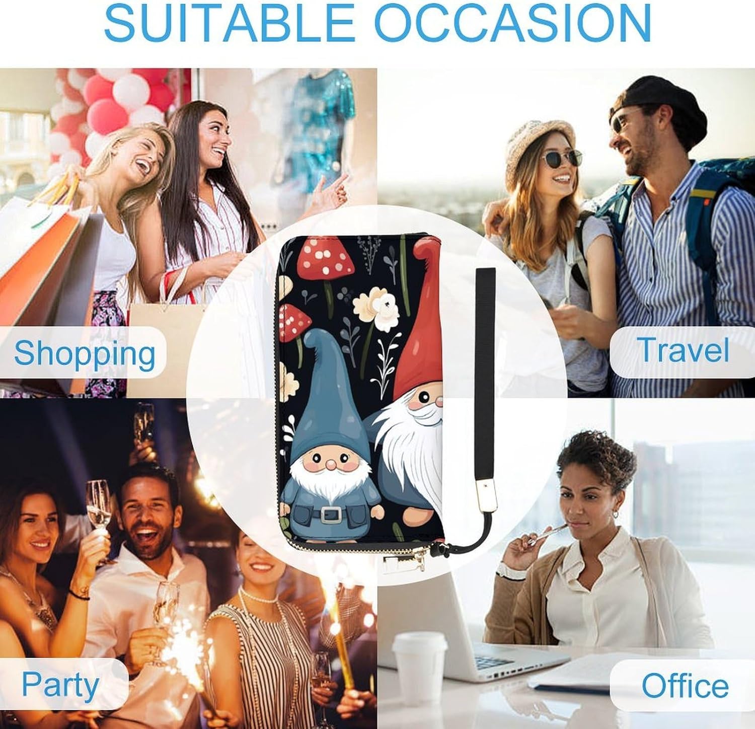 Long Wallet Waterproof PU Zipper Wallets, Cute Gnomes Printed Large Capacity Ladies Travel Purse WristletTravle Wallet