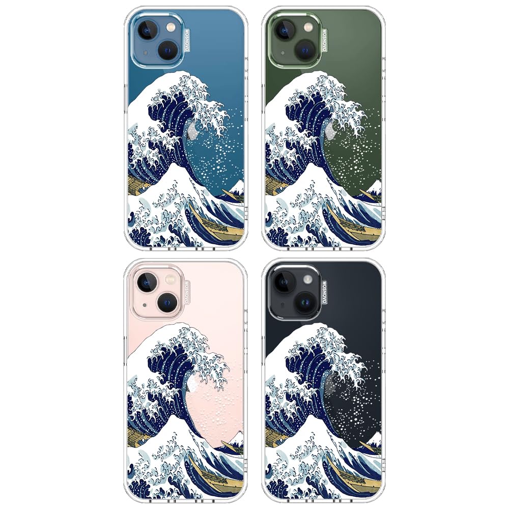 MOSNOVO Case for iPhone 13/14, [Buffertech 6.6ft Military-Grade Drop Protection] [Anti Peel Off Tech] Clear TPU Bumper Phone Case Cover Design - Great Wave - 5