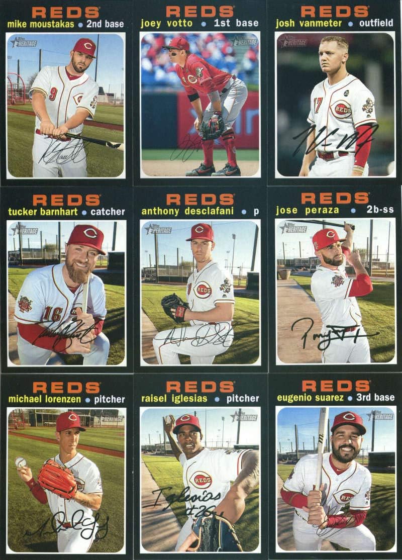 2020 Topps Heritage Cincinnati Reds Team Set of 14 Cards: Trevor Bauer(#2), Jesse Winker(#3), Derek Dietrich(#6), Mike Moustakas(#24), Joey Votto(#40), Josh VanMeter(#105), Tucker Barnhart(#107), Anthony DeSclafani(#222), Jose Peraza(#239), Michael Lorenzen(#242), Raisel Iglesias(#270), Eugenio Suarez(#272), Freddy Galvis(#301), Phil Ervin(#302)