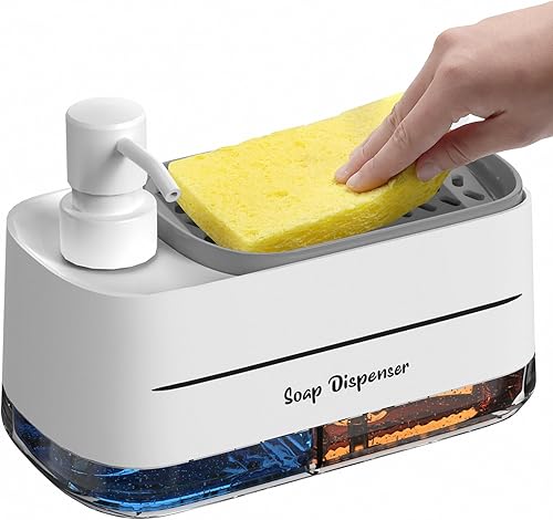 Leligooli Dispensador de jabón para platos para cocina, 4 en 1 dispensador de jabón para manos y platos con soporte para esponja, dispensador de