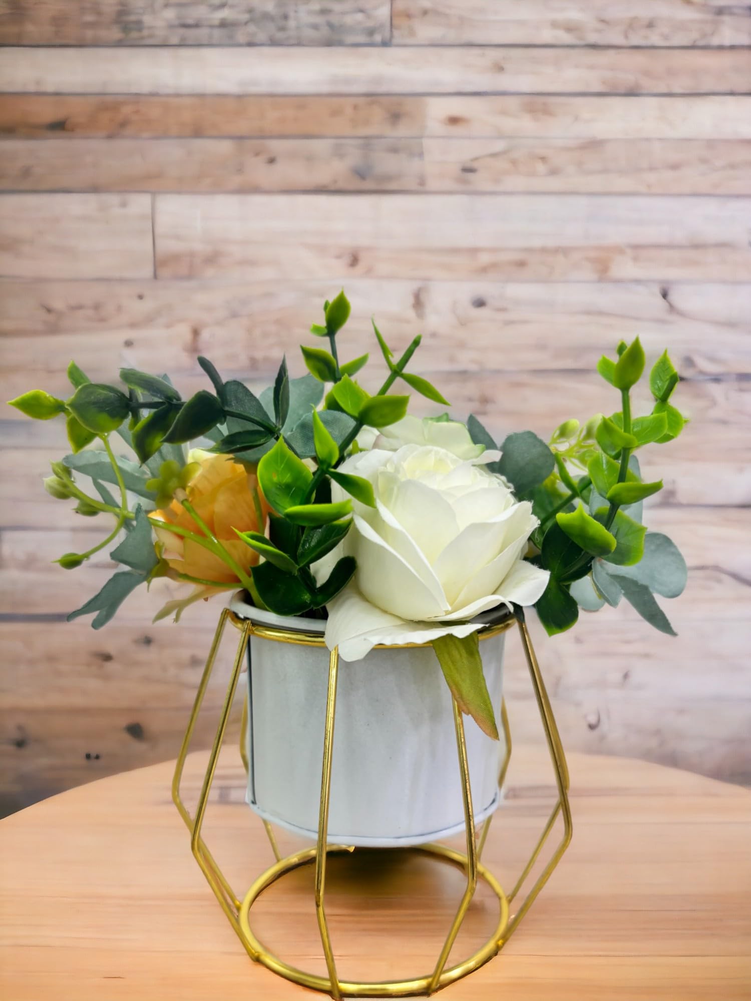 HOME ELEMENTS Tabletop Artificial Flowers in Metal Frame Vase Room Decor Centre Table Showpiece Artificial Flower Pots for Living Room Office New Home Decoration Gift White & Orange Flower(11.5x20cm)