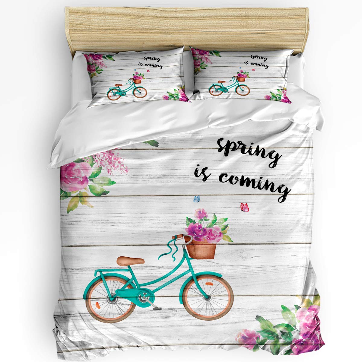 FunDecorArt 3 Piece Bedding Set with Zipper Closure Twin Size, Spring is Coming A Retro Bike on Wood Board Comforter Cover Set Duvet Cover with 2 Pillow Shams for Girls/Boys/Kids/Children/Teen/Adults