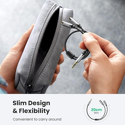 Miniatura 5 de Cable auxiliar estéreo delgado prémium marca Ugreen con splitter de audio y conectores de metal chapados en oro con entrada macho de 0.13 pulgadas y