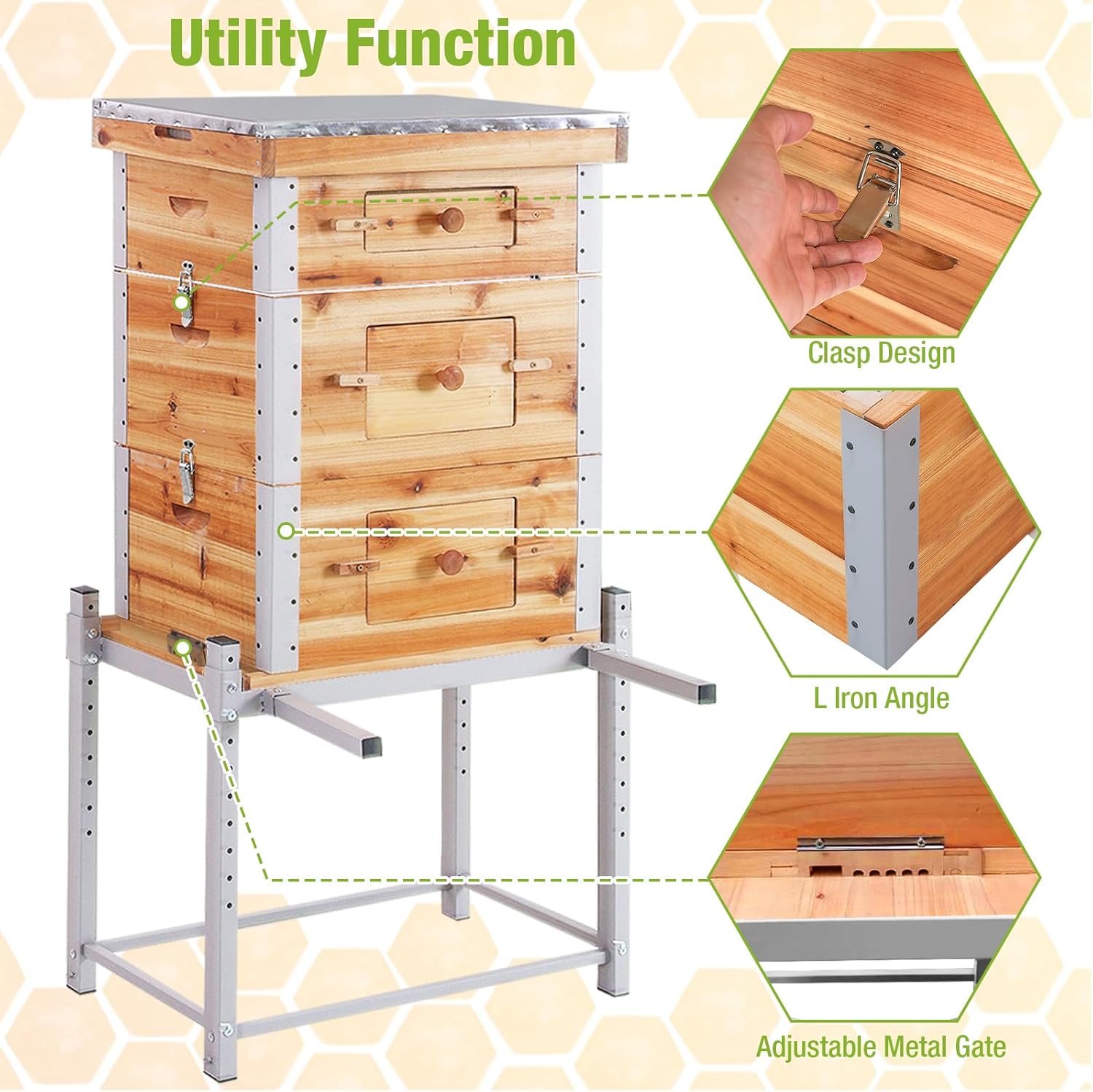 GUTINNEEN Bee Hive with Metal Frame, 10 Frame Bee Hives Boxes Dipped in 100% Beeswax,Bee Keeping Supplies-All Starter Kit Includes Wooden Frames & Waxed Foundations