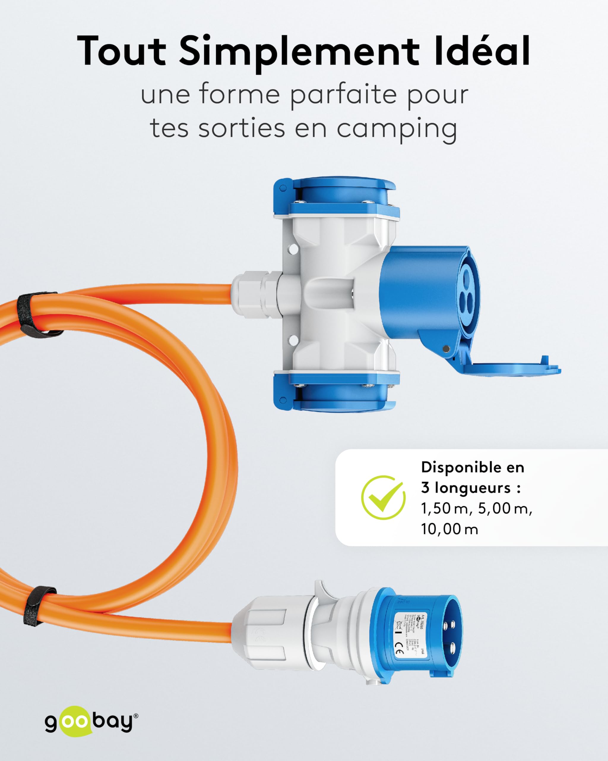 goobay Câble Adaptateur CEE pour Caravane, 10 m, Prise CEE vers 1 Prise CEE et 2 Prises avec Contact de Protection, IP 44, câble de Camping, Camping-Car et travaux 76266