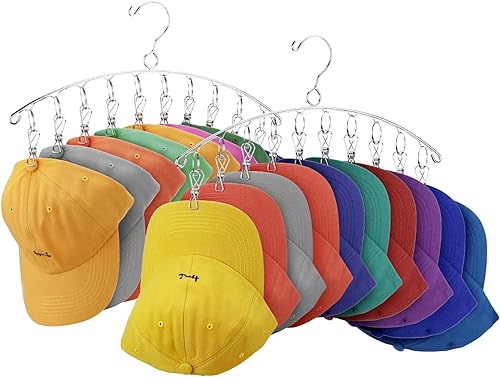 Fixwal Perchas de sombrero para armario, paquete de 2 organizadores de sombreros de metal con 20 clips de acero inoxidable para gorras de béisbol,
