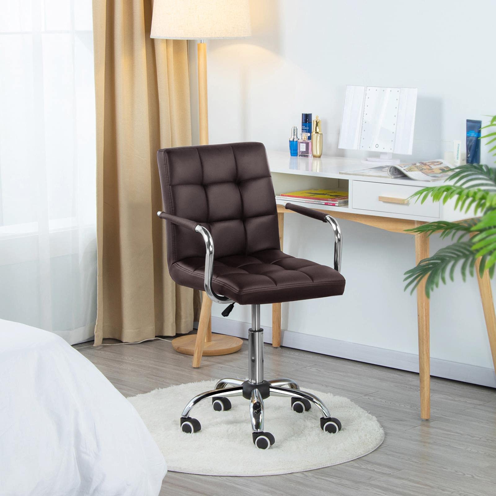 Yaheetech Silla de Oficina Altura Ajustable Silla Giratoria Marrón Oscuro | Silla de Oficina Tapizade de Piel Sintética, Silla Escritorio Trabajo, con Ruedas Giratorias, Con Respaldo