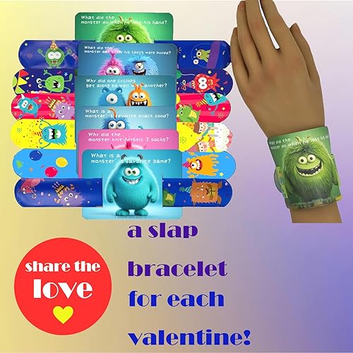 Miniatura 6 de 24 Monters Jokes - Pulseras de San Valentín para niños, tarjetas del día de San Valentín para el aula escolar de los niños, regalos del día de San