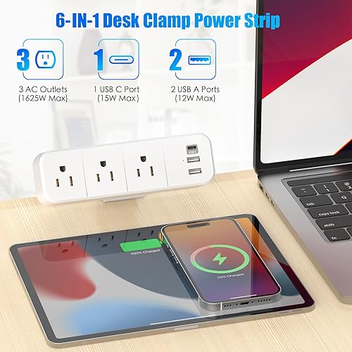Miniatura 2 de Regleta de alimentación con abrazadera de escritorio con 2 puertos USB-A y 1 USB-C, 3 salidas de CA, cable de 6 pies, se adapta a borde de mesa de