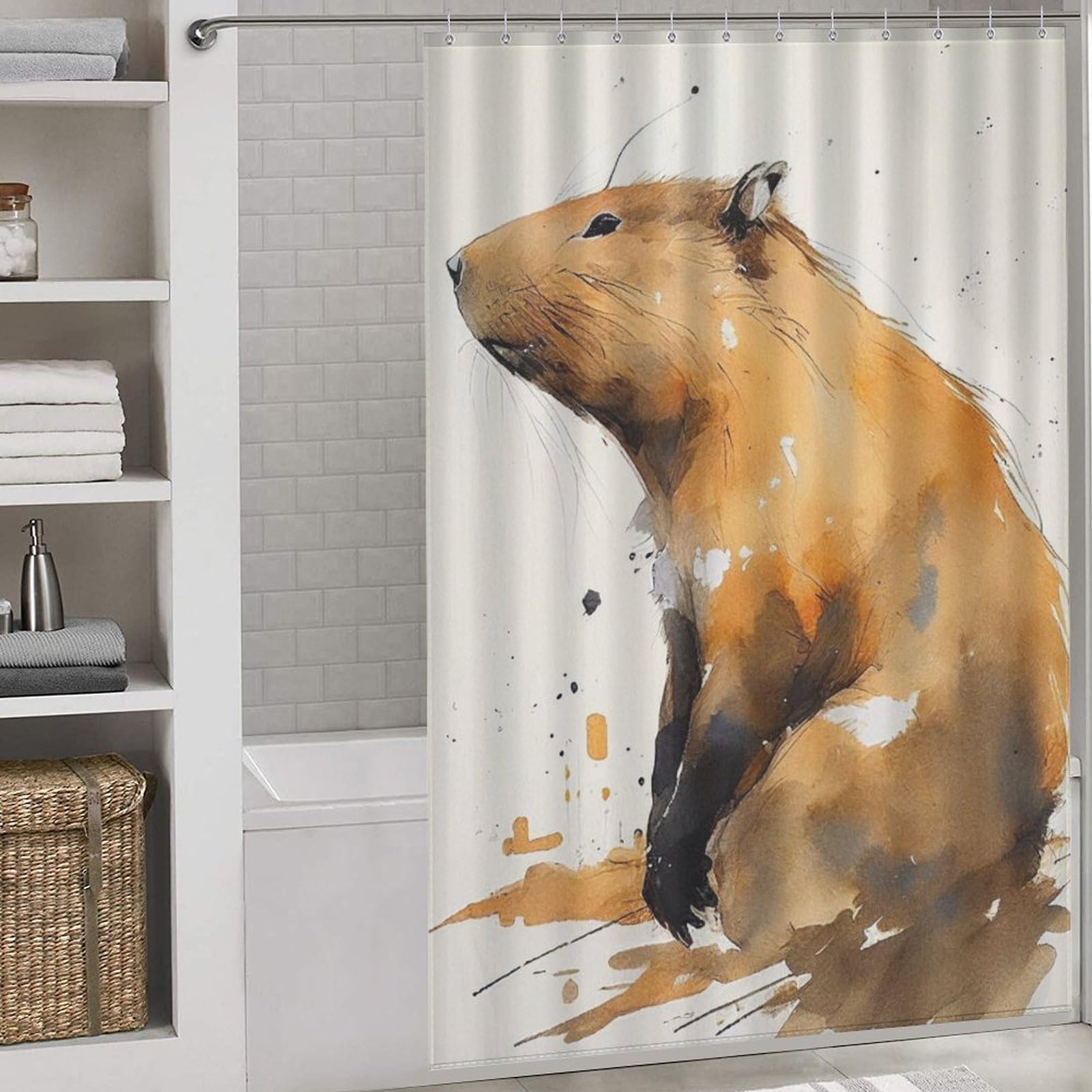 Rideau de douche capybara aquarelle 143x180cm pour la décoration d'un dortoir étudiant