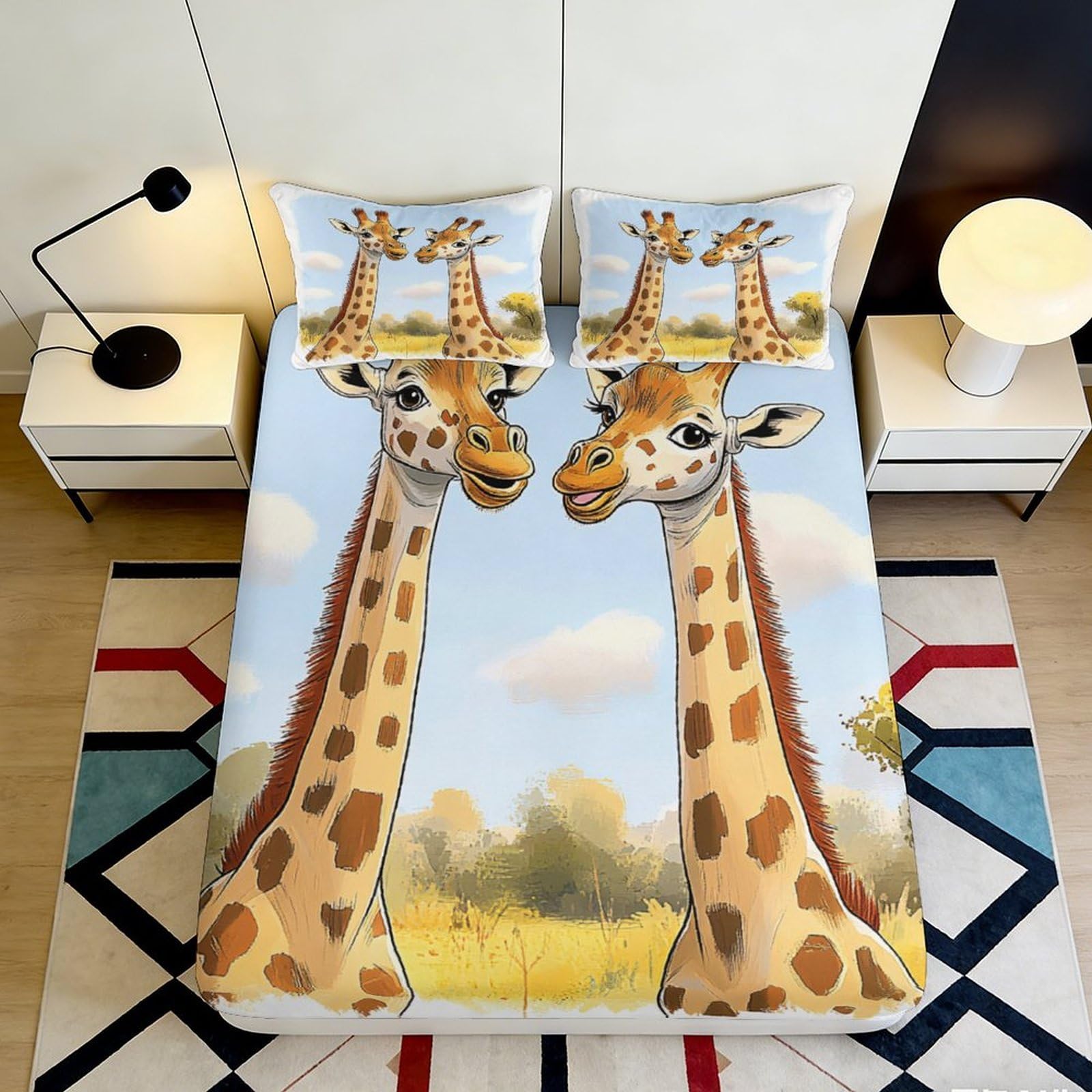 3D Printed Cartoon Giraffe Fitted Sheet Microfiber Soft Anti-Slip Savanna Animal Bed Cover for Bedroom Dorm Decor 90x200x25cm