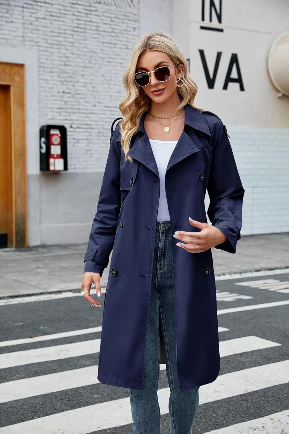 Makkrom Women's Double Breasted Long Trench Coat Windproof Classic Lapel Slim Overcoat with Belt - Image 3