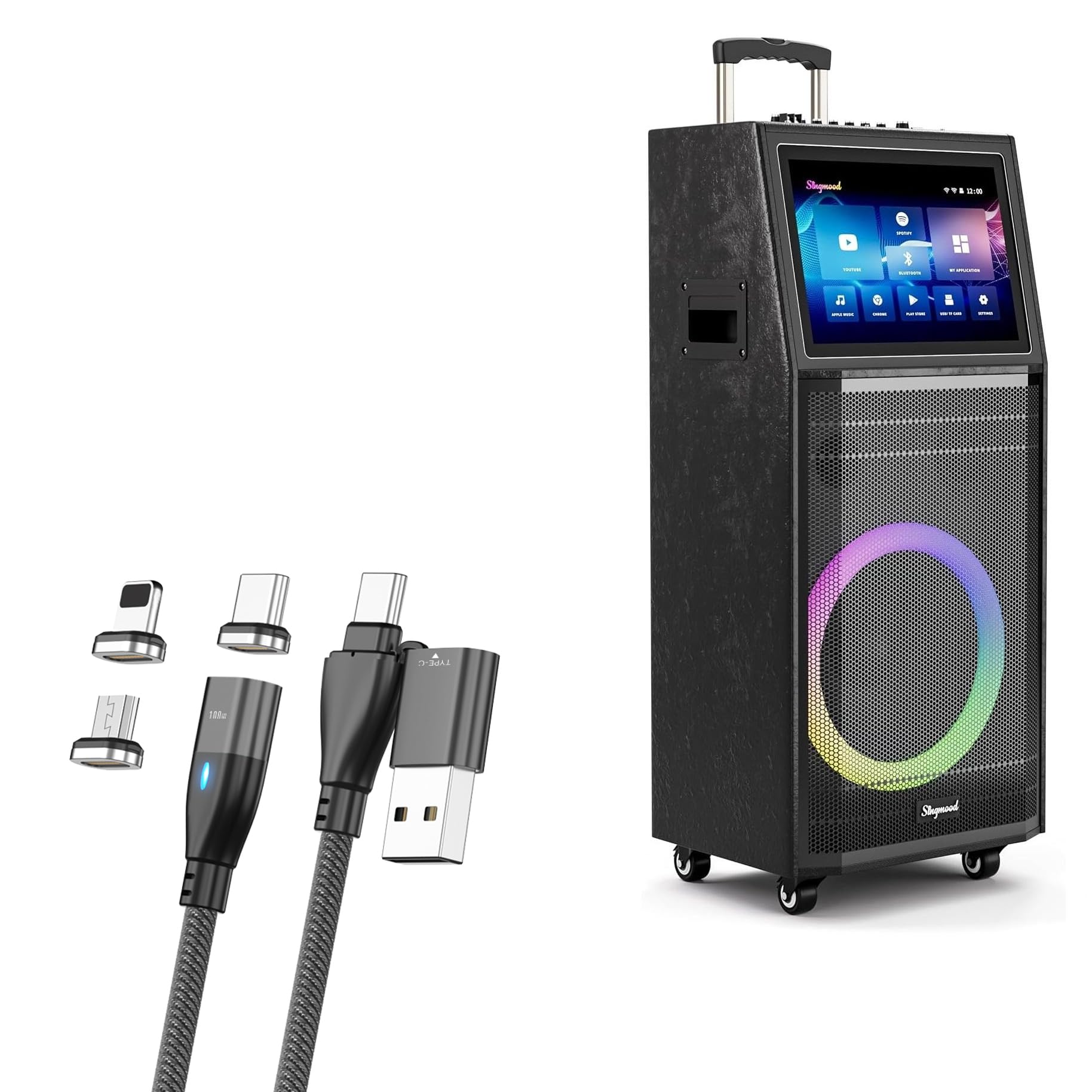BoxWave Cable Compatible with SINGMOOD Karaoke Machine S-100 - MagnetoSnap PD AllCharge Cable (100W), Magnet Charging Braided USB Type-C Micro - Jet Black