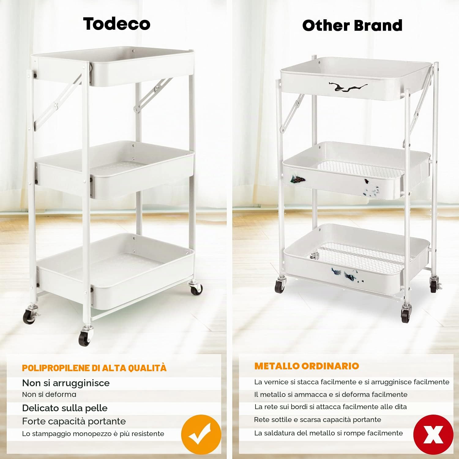 Todeco Carrello pieghevole a 3 livelli, carrello da cucina, senza assemblaggio, 46 x 29 x 78 cm, per cucina, ufficio, bagno, guardaroba, bianco