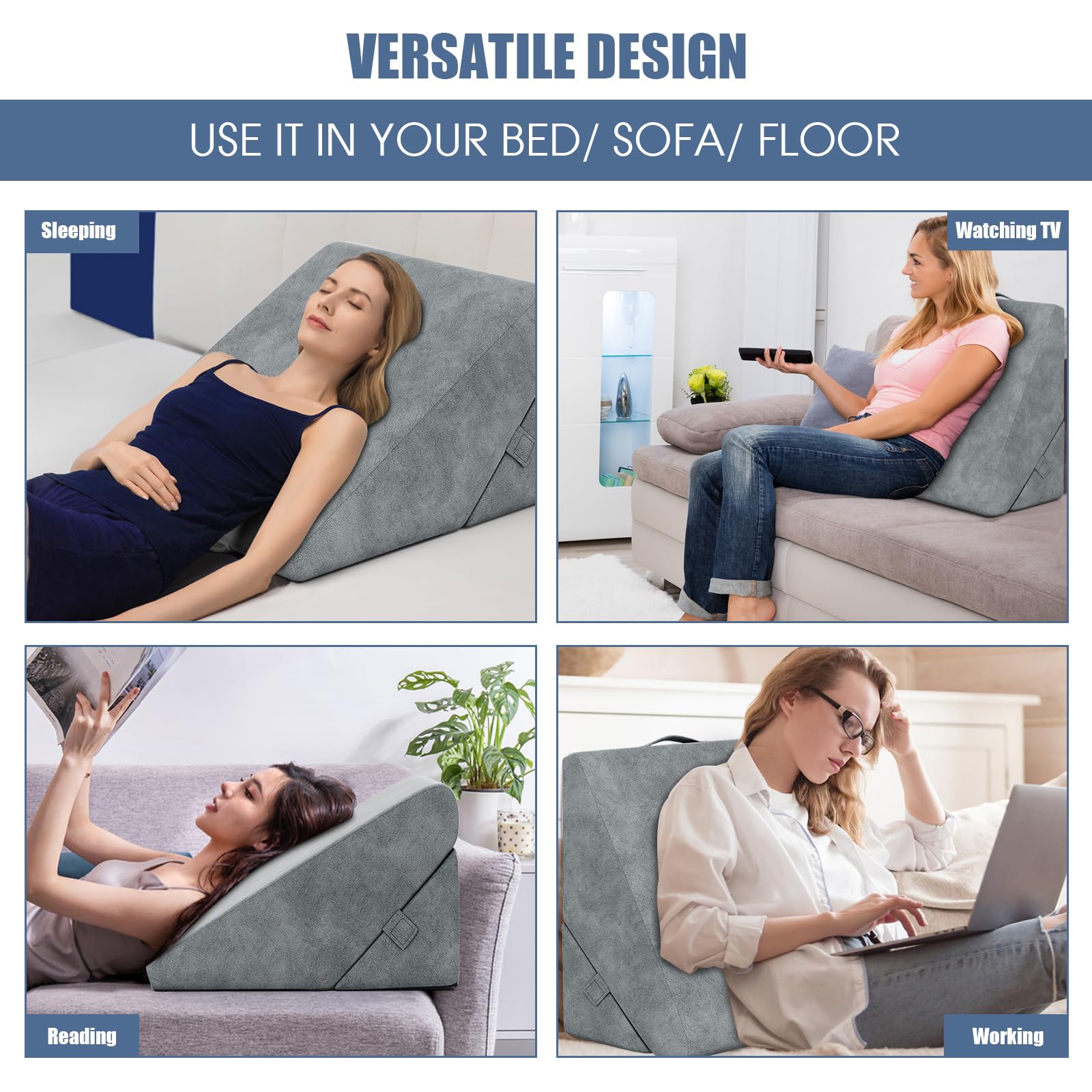 FANTASK Keilkissen, 58 x 36 x 50,5cm, Lesekissen mit Memory Foam Bezug, Waschbar, Ergonomisch Beinkissen, Rückenkissen bei saurem Reflux, Rückenschmerzen & GERD, Relaxkissen für Bett & Sofa (Grau)