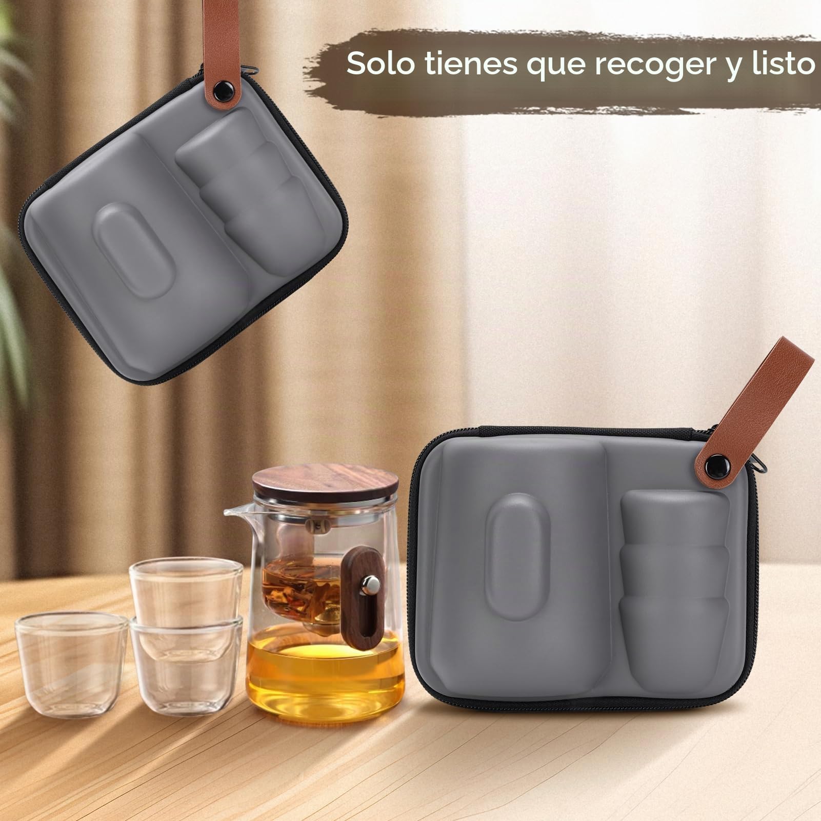 Enchanti - Tetera de viaje de vidrio encantado de brujería mágica con cepa extraíble, vidrio de borosilicato, separación de agua, control de prensa, con 3 tazas, bolsa de almacenamiento, 330 ml